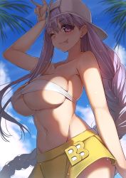 Rule 34 | 1girl, :p, ;p, absurdres, arm up, backwards hat, bandeau, baseball cap, bb (fate), bb (fate) (all), bb (swimsuit mooncancer) (fate), bb (swimsuit mooncancer) (first ascension) (fate), bikini, blush, braid, braided ponytail, breasts, cloud, collarbone, cowboy shot, day, fate/grand order, fate (series), hat, highres, jacket, large breasts, leaf, long hair, looking at viewer, microskirt, miniskirt, navel, one eye closed, outdoors, purple eyes, purple hair, revealing clothes, single braid, skirt, sky, smile, solo, standing, swimsuit, tongue, tongue out, underboob, very long hair, w, white bandeau, white bikini, wink, yamanokami eaka, yellow jacket, yellow skirt