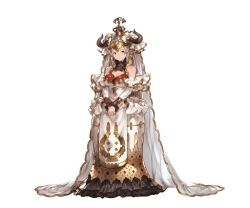 Rule 34 | 10s, 1girl, aliza (granblue fantasy), bare shoulders, breasts, brown hair, cleavage, detached sleeves, draph, dress, earrings, frilled dress, frills, full body, granblue fantasy, horns, jewelry, large breasts, long dress, looking at viewer, minaba hideo, official art, own hands together, pointy ears, smile, solo, standing, transparent background, veil, white hair
