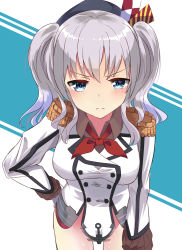 Rule 34 | 10s, 1girl, angry, blue eyes, blush, bottomless, breasts, color1087, epaulettes, female focus, frown, gloves, hand on own hip, highres, kantai collection, kashima (kancolle), kerchief, large breasts, leaning forward, military, military uniform, short hair, short twintails, silver hair, solo, twintails, uniform, wavy hair, white gloves