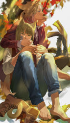 Rule 34 | 2boys, animal ears, ankle boots, arm around shoulder, ascot, autumn, autumn leaves, bad id, bad pixiv id, bandaid, bandaid on cheek, bandaid on face, barefoot, blonde hair, blue pants, blunt bangs, blurry, blurry background, boots, braid, brown footwear, cat ears, cat tail, collared shirt, commentary, covering own mouth, cross-laced footwear, cross scar, denim, ears down, facial scar, fingernails, french braid, ginkgo leaf, green eyes, half-closed eyes, hand on another&#039;s face, hand on another&#039;s mouth, hand on own chin, head rest, highres, index finger raised, interlocked fingers, jacket, jeans, knees up, lace-up boots, leaf, long sleeves, looking afar, looking at viewer, looking away, male focus, multiple boys, own hands together, pants, profile, purple eyes, red jacket, rook hunt, sawataki, scar, scar on cheek, scar on face, shirt, sitting, sleeves pushed up, straight hair, tail, thigh boots, thighhighs, twisted wonderland, unworn boots, vest, vil schoenheit, white background, white shirt