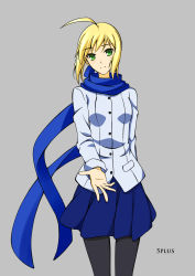 Rule 34 | 1girl, 5plus, 5plus (w364651733), absurdres, ahoge, artist name, artoria pendragon (all), artoria pendragon (fate), black pantyhose, blonde hair, blue scarf, coat, fate/stay night, fate (series), green eyes, grey background, hair ribbon, highres, long sleeves, looking at viewer, official alternate costume, outstretched hand, pantyhose, ribbon, saber (fate), scarf, simple background, skirt, smile, solo