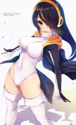 Rule 34 | 10s, 1girl, arched back, black hair, brown eyes, covered navel, emperor penguin (kemono friends), fukai ryosuke, hair over one eye, headphones, hood, hoodie, kemono friends, leotard, long hair, looking at viewer, multicolored hair, open clothes, standing, thighhighs, white leotard, white thighhighs