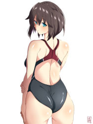 Rule 34 | 1girl, artist logo, ass, black hair, black one-piece swimsuit, blue eyes, commentary request, competition swimsuit, cowboy shot, from behind, hayasui (kancolle), highres, kantai collection, looking at viewer, one-piece swimsuit, sebunsu, short hair, simple background, solo, standing, swimsuit, white background