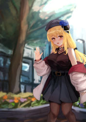 Rule 34 | 1girl, bad id, bad pixiv id, bare shoulders, belt, beret, black shirt, blonde hair, blue flower, blue hat, blue rose, blue skirt, blurry, blurry background, blush, breasts, choker, commentary request, flower, gem, hair ribbon, hand up, hat, highres, hose, izumi roka, jacket, jewelry, large breasts, long hair, looking at viewer, nail art, open clothes, open jacket, open mouth, original, oversized clothes, pantyhose, ribbon, rose, shirt, skirt, solo, tongue, tree, waving, white jacket, yellow eyes