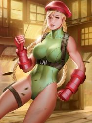 Rule 34 | 1girl, ahoge, audia pahlevi, beret, blonde hair, blue eyes, braid, breasts, cammy white, capcom, clenched hands, cowboy shot, elbow gloves, female focus, fingerless gloves, gloves, hair between eyes, harness, hat, highleg, highleg leotard, highres, huge ahoge, large breasts, leotard, lips, long hair, making-of available, pouch, red gloves, solo, street fighter, street fighter v, thigh pouch, thigh strap, toned, twin braids