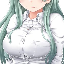 Rule 34 | 1girl, aqua hair, breast focus, breasts, buttons, collared shirt, dd (ijigendd), head out of frame, kantai collection, large breasts, lips, long hair, open mouth, shirt, sidelocks, simple background, solo, suzuya (kancolle), upper body, white background, white shirt