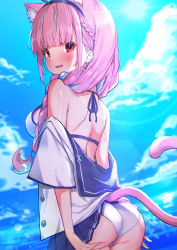 Rule 34 | 1girl, absurdres, ahoge, animal ear fluff, animal ears, ass, back, bikini, blue hair, blue skirt, blue sky, blush, braid, breasts, cat ears, cat tail, clothes lift, cloud, cloudy sky, commentary, cowboy shot, day, embarrassed, french braid, hairband, halterneck, highres, hololive, kemonomimi mode, kutar22, light blue hair, long hair, looking at viewer, looking back, medium breasts, minato aqua, minato aqua (sailor), miniskirt, multicolored hair, off shoulder, official alternate costume, open clothes, open mouth, open shirt, outdoors, pink eyes, pink hair, pleated skirt, sailor collar, shirt, skirt, skirt lift, sky, solo, streaked hair, sweatdrop, swimsuit, tail, twin braids, twintails, two-tone hair, unbuttoned, virtual youtuber, wavy mouth, white bikini, white shirt