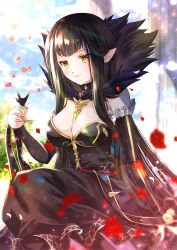 Rule 34 | 1girl, animal, bad id, bad pixiv id, between breasts, black dress, black hair, blue sky, blurry, blush, breasts, brown eyes, bug, closed mouth, cloud, cloudy sky, commentary request, day, depth of field, detached sleeves, dress, fate/apocrypha, fate/grand order, fate (series), fingernails, fur trim, highres, insect, iroha (shiki), large breasts, long dress, long hair, long sleeves, looking at viewer, moth, outdoors, petals, pointy ears, semiramis (fate), sitting, sky, smile, solo, spikes, very long hair