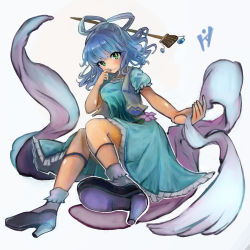 Rule 34 | 1girl, absurdres, alternate eye color, aqua dress, bad id, bad pixiv id, black footwear, blue hair, blush, bobby socks, breasts, closed mouth, collarbone, commentary request, dress, finger to mouth, flower, full body, green eyes, hagoromo, hair ornament, hair rings, hair stick, highres, kaku seiga, kinari yuki, looking at viewer, medium breasts, open clothes, open vest, shawl, short hair, simple background, smile, socks, solo, touhou, vest, white background, white vest