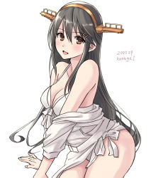 Rule 34 | 1girl, :d, alternate costume, bikini, black hair, breasts, cleavage, hair ornament, hairclip, haruna (kancolle), headgear, kantai collection, kurage1, large breasts, long hair, looking at viewer, off-shoulder sweater, off shoulder, one-hour drawing challenge, open mouth, simple background, smile, solo, sweater, swimsuit, white background, white bikini, white sweater