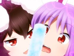 Rule 34 | 2girls, :p, ahoge, animal ears, black hair, close-up, commentary request, fellatio, food, hair between eyes, inaba tewi, lens flare, licking, multiple girls, open mouth, oral, popsicle, purple hair, rabbit ears, red eyes, reisen udongein inaba, shirosato, simulated fellatio, tongue, tongue out, touhou, white background