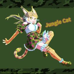 Rule 34 | 1girl, animal costume, animal ear fluff, animal ears, belt, bow, bowtie, cat ears, cat girl, cat tail, elbow gloves, extra ears, fingerless gloves, gloves, green eyes, jungle cat (kemono friends), kemono friends, kemono friends v project, kneehighs, long hair, looking at viewer, open mouth, p alti, ribbon, shirt, shoes, simple background, skirt, socks, solo, tail, twintails, virtual youtuber