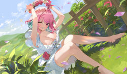 Rule 34 | 1girl, ahoge, alternate costume, arms up, bare legs, barefoot, blue sky, blush, breasts, bsue, cleavage, day, dress, flower, flower wreath, grass, grin, hibiscus, highres, holding, idolmaster, idolmaster cinderella girls, idolmaster cinderella girls starlight stage, large breasts, looking at viewer, multicolored hair, one eye closed, outdoors, petals, pink eyes, pink hair, plant, raised eyebrows, short hair, sitting, sky, sleeveless, sleeveless dress, smile, solo, two-tone hair, white dress, yumemi riamu