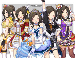 Rule 34 | 5girls, :d, black hair, braid, breasts, character name, cleavage, fingerless gloves, french braid, gloves, hand on own head, hat, idolmaster, idolmaster cinderella girls, jewelry, katsuma rei, light smile, looking at viewer, looking to the side, mukai takumi, multiple girls, multiple persona, necklace, open mouth, smile, thigh strap, thighhighs, tiara