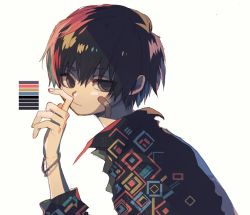 Rule 34 | 1boy, bandaid, bandaid on cheek, bandaid on face, black eyes, black hair, bracelet, closed mouth, color guide, fingernails, from side, jewelry, jitome, ka (marukogedago), looking at viewer, looking to the side, male focus, multicolored hair, original, popped collar, simple background, solo, white background