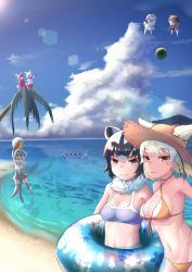Rule 34 | &gt;:), 10s, 6+girls, :3, akuma (st.takuma), animal ears, arms up, ball, bare arms, bare shoulders, beach, beachball, bikini, bird, bird tail, bird wings, black hair, blonde hair, blue sky, breasts, brown coat, brown hair, cleavage, closed eyes, closed mouth, cloud, cloudy sky, coat, commentary request, common raccoon (kemono friends), day, ears through headwear, elbow gloves, emperor penguin (kemono friends), eurasian eagle owl (kemono friends), extra ears, fennec (kemono friends), food, fox ears, front-tie bikini top, front-tie top, fruit, fur collar, gentoo penguin (kemono friends), gloves, grey coat, grey legwear, hair between eyes, halterneck, hat, head wings, holding, holding ball, humboldt penguin (kemono friends), jacket, japanese crested ibis (kemono friends), kemono friends, long hair, long sleeves, looking at viewer, medium breasts, multicolored hair, multiple girls, navel, net, northern white-faced owl (kemono friends), ocean, open mouth, otter ears, otter tail, outdoors, palm tree, pantyhose, partially submerged, penguins performance project (kemono friends), raccoon ears, red hair, red legwear, rockhopper penguin (kemono friends), royal penguin (kemono friends), sand, seagull, short hair, skirt, sky, small-clawed otter (kemono friends), small breasts, smile, standing, stomach, straw hat, swimming, swimsuit, tail, thighhighs, tree, tsurime, two-tone hair, water, watermelon, white hair, wings