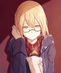 Rule 34 | :o, adjusting hair, artoria pendragon (fate), black-framed eyewear, blonde hair, blush, fate/grand order, fate (series), food, food on face, glasses, highres, jacket, light, long sleeves, looking at viewer, medium hair, mysterious heroine x alter (fate), mysterious heroine x alter (first ascension) (fate), open clothes, open jacket, parted lips, purple jacket, red background, red scarf, scarf, semi-rimless eyewear, solo, steam, sweet potato, under-rim eyewear, wrapper, xing muhen, yellow eyes