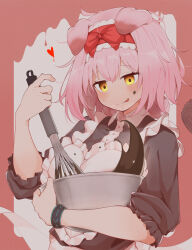 Rule 34 | 1girl, :q, absurdres, animal ears, arknights, black shirt, blush, bowl, cat ears, chocolate, chocolate on face, closed mouth, collared shirt, food, food on face, goldenglow (arknights), hair between eyes, half-closed eyes, heart, heavy breathing, highres, holding, holding bowl, holding whisk, infection monitor (arknights), long sleeves, looking down, medium hair, orange eyes, pcaccount13, pink hair, shirt, sidelocks, smile, solo, tongue, tongue out, upper body, v-shaped eyebrows, whisk, whisking