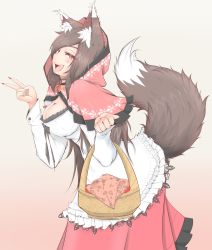 Rule 34 | 1girl, animal ears, basket, breasts, brown hair, cleavage, commentary request, cosplay, cube85, dress, fang, highres, imaizumi kagerou, large breasts, little red riding hood, little red riding hood (grimm), little red riding hood (grimm) (cosplay), looking at viewer, orange eyes, red hood, solo, tail, tongue, tongue out, touhou, v, wolf ears, wolf tail