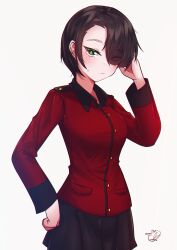 Rule 34 | 1girl, absurdres, blazer, blush, breasts, brown hair, closed mouth, girls und panzer, green eyes, hand on own hip, highres, jacket, large breasts, looking at viewer, military uniform, miniskirt, mizzterbii, red jacket, short hair, simple background, skirt, solo, st. gloriana&#039;s military uniform, st. gloriana&#039;s student (girls und panzer saishuushou), uniform, vanilla (girls und panzer), white background