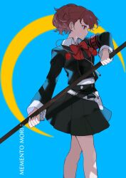 Rule 34 | 1girl, armband, belt, black shirt, black skirt, blue background, bow, bowtie, brown hair, collared shirt, crescent moon, feet out of frame, from side, hair behind ear, hair between eyes, half updo, highres, holding, holding staff, holster, holstered, layered shirt, legs apart, long sleeves, m0rtalcoil0, miniskirt, moon, persona, persona 3, pleated skirt, profile, red armband, red bow, red bowtie, red eyes, shiomi kotone, shirt, short hair, short ponytail, simple background, skirt, solo, staff, white belt, white shirt