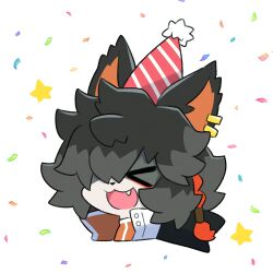 Rule 34 | &gt; &lt;, 1boy, :3, aak (arknights), animal ears, arknights, black hair, braid, closed eyes, commentary, confetti, cropped shoulders, earrings, eyeshadow, fang, furry, furry male, hat, highres, jewelry, makeup, male focus, messy hair, mooootmt, open mouth, party hat, profile, red eyeshadow, red hair, short hair, side braid, simple background, smile, solo, star (symbol), white background