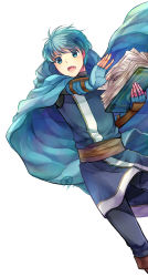 Rule 34 | 1boy, absurdres, asbel (fire emblem), black pants, blue cape, blue gloves, blue tunic, book, brown sash, cape, commentary request, feet out of frame, fingerless gloves, fire emblem, fire emblem: thracia 776, gloves, highres, holding, holding book, male focus, nintendo, open mouth, pants, sash, simple background, solo, tarayuki, tunic, white background