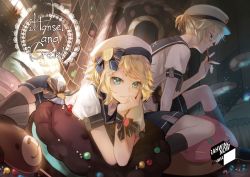 Rule 34 | 1boy, 1girl, artist name, beret, blonde hair, blue eyes, blue ribbon, bracelet, brother and sister, candy, chocolate, claws, dutch angle, emblem, evil smile, fingernails, food, half-closed eyes, hand on own chin, hansel and gretel, hat, hat ribbon, head rest, jewelry, kagamine len, kagamine rin, kneehighs, looking at viewer, lying, macaron, muffin, on stomach, oven, oversized food, oversized object, pocky, profile, rahwia, ribbon, sailor collar, sharp fingernails, short hair, short ponytail, shorts, siblings, sitting, smile, socks, sprinkles, thighhighs, treble clef, twins, vocaloid, when you see it, window, zettai ryouiki