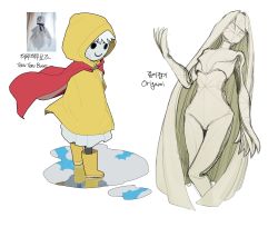 Rule 34 | 2girls, absurdres, black eyes, boots, cape, claws, closed mouth, colored skin, flat chest, highres, hood, hood up, long hair, looking at viewer, multiple girls, origami, original, personification, raincoat, red cape, rubber boots, simple background, smile, sparrowl, teruterubouzu, very long hair, white background, white skin