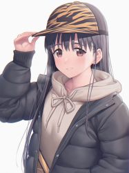 Rule 34 | 1girl, animal print, baseball cap, black hair, black jacket, brown eyes, brown hoodie, casual, drawstring, english text, hand on headwear, hat, highres, hood, hood down, hoodie, jacket, long hair, long sleeves, looking at viewer, mikazuchi zeus, open clothes, open jacket, original, smile, solo, tiger print, white background
