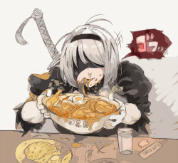 Rule 34 | 1girl, black blindfold, blindfold, bowl, covered eyes, dumpling, eating, egg, food, food request, glass, gloves, grey hair, hairband, jiaozi, katana, nier:automata, nier (series), noodles, plate, ramen, sakurai energy, short hair, solo, stained clothes, sword, weapon, white gloves, 2b (nier:automata)