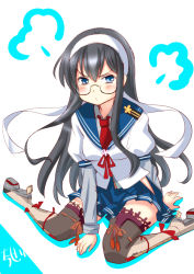 Rule 34 | 10s, 1girl, arm support, black hair, blue eyes, blush, chize, glasses, hairband, hip vent, kantai collection, leaning forward, long hair, ooyodo (kancolle), pout, school uniform, serafuku, simple background, sitting, skirt, solo, wariza, white background