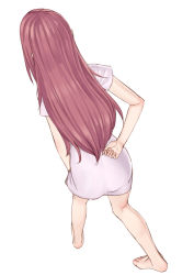 Rule 34 | 1girl, amanchu!, arm behind back, barefoot, commentary request, easy (aqk7bdqt), from behind, full body, hair down, long hair, ninomiya ai, red hair, simple background, solo, very long hair, white background