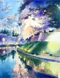 Rule 34 | absurdres, blue sky, branch, canal, concrete, day, didi daisukedoi, grass, highres, no humans, original, painting (medium), path, reflection, reflective water, road, scenery, sky, traditional media, utility pole, water, watercolor (medium)