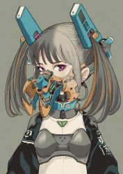 Rule 34 | 1girl, aki001208, artist name, earrings, fangs, gas mask, grey background, grey hair, hair ornament, highres, jewelry, mask, mecha musume, mechanical ears, medium hair, mouth mask, multicolored hair, numbered, orange hair, original, pink eyes, simple background, solo, twintails