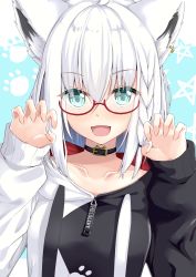 Rule 34 | 1girl, absurdres, animal ear fluff, animal ears, black choker, blue eyes, borumete, braid, choker, claw pose, collarbone, commentary request, ear piercing, fox ears, glasses, highres, hololive, hood, hoodie, looking at viewer, multicolored hair, ookami mio, ookami mio (casual), open mouth, piercing, shirakami fubuki, sidelocks, smile, solo, streaked hair, virtual youtuber, white hair