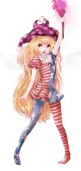 Rule 34 | 1girl, american flag dress, american flag legwear, bad id, bad pixiv id, blonde hair, clownpiece, commentary request, fang, hat, jester cap, long hair, nekoya (liu), open mouth, pantyhose, purple eyes, revision, short sleeves, simple background, smile, solo, standing, striped clothes, striped pantyhose, torch, touhou, very long hair, white background