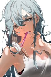 Rule 34 | 1girl, armpits, black bra, bra, breasts, cleavage, curly hair, eyebrows, grey eyes, highres, long hair, mask, mask around one ear, unworn mask, messy hair, mouth hold, mouth mask, original, silver hair, solo, surgical mask, tank top, teeth, toothbrush, toothbrush in mouth, underwear, white background, white tank top, yuzua