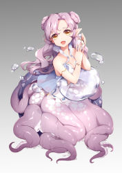 Rule 34 | 1girl, :d, air bubble, armlet, bottle, bracelet, breasts, brown eyes, bubble, cleavage, clover theater, double bun, full body, gradient background, grey background, hair bun, jewelry, kyuri tizu, long hair, medium breasts, monster girl, open mouth, perfume bottle, pointy ears, purple hair, scylla, simple background, smile, tentacles