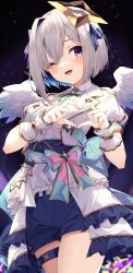Rule 34 | 1girl, absurdres, amane kanata, aqua bow, back bow, black background, blue hair, blue ribbon, blue shorts, bow, colored inner hair, commentary, commission, feathered wings, glowstick, grey hair, hair intakes, hair ribbon, halo, heart, heart hands, highres, hololive, hololive idol uniform (bright), jacket, jun (aousa0328), multicolored hair, one eye closed, open mouth, pink bow, puffy short sleeves, puffy sleeves, ribbon, shirt, short sleeves, shorts, simple background, skeb commission, smile, solo, teeth, thigh strap, tongue, upper teeth only, virtual youtuber, white jacket, white shirt, white wrist cuffs, wings, wrist cuffs