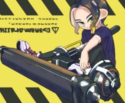 Rule 34 | 1boy, black background, black hair, blonde hair, blue shirt, closed mouth, commentary request, cross-laced footwear, dynamo roller (splatoon), gradient hair, highres, looking at viewer, male focus, multicolored hair, nastar r0, nintendo, octoling, octoling boy, octoling player character, shirt, shoes, short hair, simple background, sitting, solo, splatoon (series), splatoon 3, t-shirt, tentacle hair, two-tone background, two-tone hair, yellow background, yellow eyes