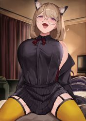 Rule 34 | 1girl, :d, animal ear fluff, animal ears, arknights, backlighting, bare shoulders, black jacket, black shirt, black skirt, brown hair, cowgirl position, dark-skinned male, dark skin, fangs, garter straps, girl on top, glasses, highres, hug, indoors, jacket, looking at viewer, lying, miniskirt, nashidrop, neck ribbon, no headwear, off shoulder, official alternate costume, on back, open clothes, open jacket, open mouth, pleated skirt, purple eyes, red ribbon, ribbon, shirt, shirt tucked in, short hair, skin fangs, skirt, smile, solo, spread legs, straddling, tail, television, thighhighs, utage (arknights), utage (disguise) (arknights), yellow thighhighs