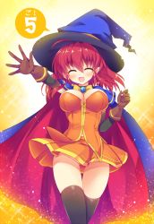 Rule 34 | 1girl, :d, ^ ^, ahoge, alice wishheart, black thighhighs, blue hat, blush, bow, breasts, brown gloves, cape, cleavage, closed eyes, cowboy shot, earrings, gloves, gluteal fold, hair between eyes, hat, hinata momo, jewelry, magical halloween, no panties, open mouth, orange skirt, outstretched arm, red hair, short hair, skirt, smile, solo, sparkle, star (symbol), star earrings, thigh gap, thighhighs, witch hat, yellow background, yellow bow