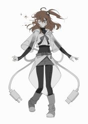 Rule 34 | 1girl, a.i. voice, adachi rei, ahoge, alternate costume, alternate eye color, belt, black bodysuit, black ribbon, bodysuit, boots, cable, closed mouth, cropped shirt, cursor, empty eyes, facial mark, floating hair, full body, glitch, grey belt, grey eyes, grey shorts, hair ornament, highres, knee boots, layered sleeves, long hair, long sleeves, looking at viewer, midriff, neck ribbon, one side up, overskirt, ribbon, sailor collar, see-through, see-through shirt, see-through sleeves, shirt, short over long sleeves, short shorts, short sleeves, shorts, skirt, solo, sparkle, standing, standing on one leg, utau, white shirt, white skirt, xiao juzi (woaishengchaoq)