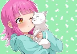 Rule 34 | 1girl, ;), absurdres, animal, animal print, aqua hoodie, aqua jacket, artist name, artist request, blunt bangs, blush, bow, bowtie, breasts, brown eyes, cat, cat print, collared shirt, female focus, green background, highres, holding, holding animal, holding cat, hood, hooded jacket, jacket, looking at viewer, love live!, love live! nijigasaki high school idol club, love live! school idol festival, one eye closed, parted lips, pink hair, shirt, short hair, smile, solo, tennoji rina, upper body, white cat, wing collar, wink, yellow bow, yellow eyes