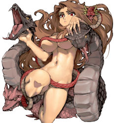 Rule 34 | 1girl, :&lt;, animal, breasts, brown hair, closed mouth, convenient censoring, dragon, final fantasy, final fantasy v, fingernails, groin, hair intakes, large breasts, long fingernails, long hair, melusine, navel, nude, red eyes, scales, simple background, snake, solo, stomach, thighs, very long hair, white background, ysk!