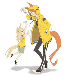 Rule 34 | 2girls, aged down, alternate costume, animal ears, arms up, blonde hair, checkered clothes, coat, collarbone, commentary, dictus striker, drawstring, ear ornament, ears through headwear, fang, hand in pocket, hood, hooded coat, horse ears, horse girl, horse tail, kuro work, long hair, long sleeves, multiple girls, narita top road (umamusume), open mouth, orange hair, pants, purple eyes, shadow, shirt, shoes, short sleeves, shorts, simple background, tail, track pants, umamusume, umamusume: cinderella gray, white background, white hair, yellow coat, yellow hood, yellow shirt
