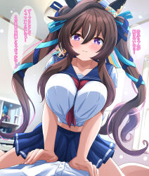 1boy 1girl animal_ears blue_ribbon blue_sailor_collar blue_skirt blurry blurry_background brown_hair closed_mouth commentary_request ear_covers girl_on_top hair_ribbon horse_ears horse_girl indoors liukensama long_hair looking_at_viewer midriff multicolored_hair navel ribbon sailor_collar school_uniform serafuku skirt smile speech_bubble streaked_hair thighs translation_request umamusume vivlos_(umamusume)