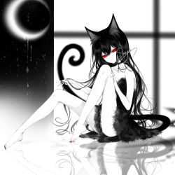 Rule 34 | 1girl, animal ears, artist name, bare arms, bare legs, bare shoulders, barefoot, black choker, black dress, black hair, cat ears, cat tail, choker, crescent moon, cross, cross choker, dress, highres, knees up, limited palette, long hair, looking at viewer, moon, nail polish, original, red eyes, red nails, reflection, sheya, short dress, signature, sitting, smile, solo, spot color, strapless, strapless dress, tail, thighs, toenail polish, toenails