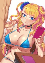 Rule 34 | 1boy, 1girl, animated, animated gif, bikini, blonde hair, blue bikini, blue eyes, blush, breasts, cellphone, censored, chair, cleavage, closed mouth, clothed female nude male, covered erect nipples, desk, earrings, expressionless, galko, hair bun, handjob, jewelry, large breasts, lk (lk00), long hair, multitasking, nail polish, nt00, nude, oshiete! galko-chan, penis, phone, side ponytail, single hair bun, sitting, smartphone, swimsuit